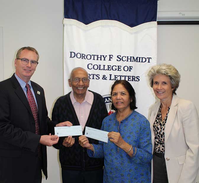 Photo From left, Michael Horswell, Ph.D., Dean of FAU’s Dorothy F. Schmidt College of Arts and Letters; Dr. Deenbandhu and Bharti Chokshi; Laurie Carney.